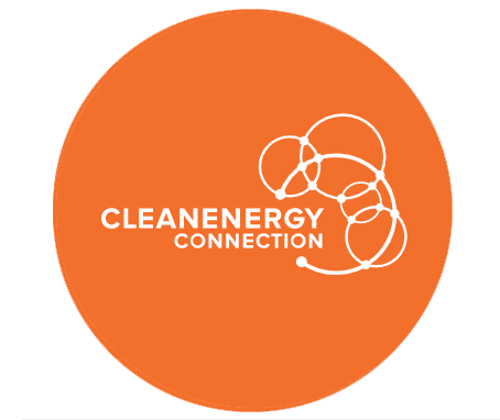 Clean Energy Connection logo with white interconnected circles on an orange background