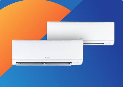 Two white Mitsubishi air conditioners against a blue and orange background.