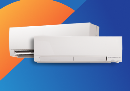 Two white air conditioners against a blue and orange background.