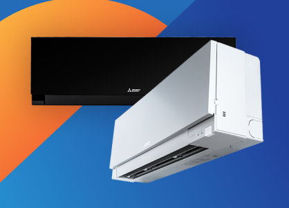 Two Mitsubishi air conditioners against a blue and orange background.