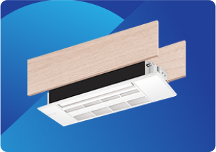 Ceiling-mounted air conditioning unit with wooden paneling on a blue background.