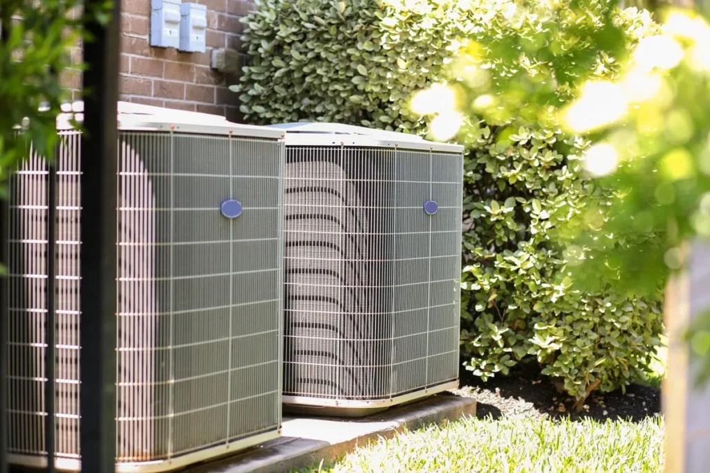 Air conditioner unit outdoors in side yard of a brick home in hot summer season | Dr. Ductless Heating & Cooling