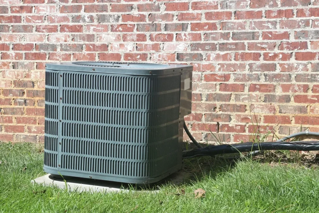 Home Air Conditioner Condenser coil sitting in front of brick wall | Dr. Ductless Heating & Cooling