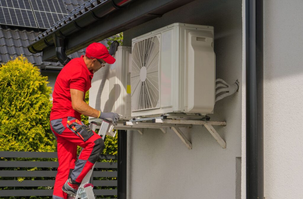 Technician installing an air conditioning unit on an exterior wall.