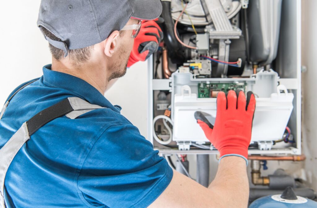 Technician in red gloves repairing a boiler.