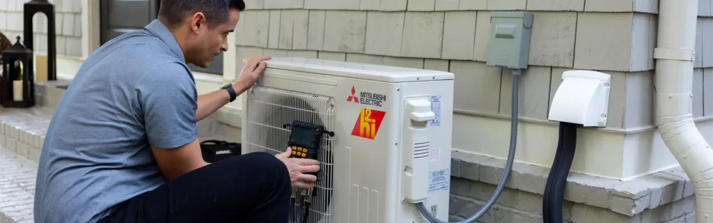 Technician working with heat pump unit